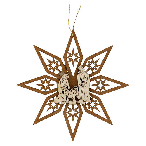 Addobbo legno Val Gardena Sacra Famiglia su stella 11 cm 1