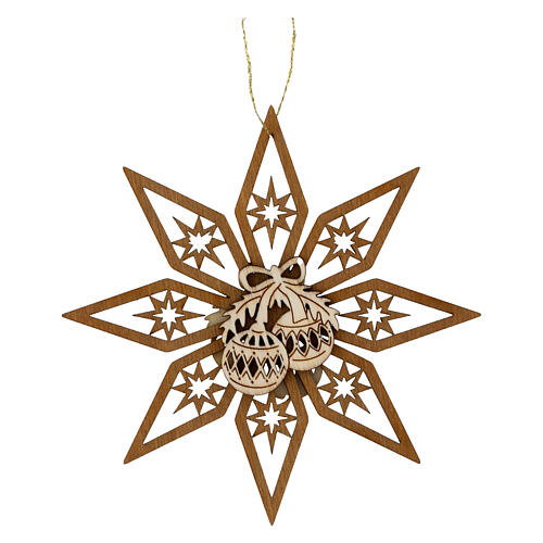 Addobbo legno Val Gardena palle di Natale su stella 11 cm 1