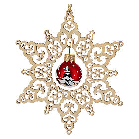 Wooden star ornament, 5.5 in, Christmas decoration with matte red glass ball, Val Gardena