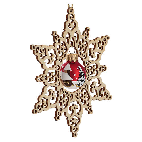 Wooden star ornament, 5.5 in, Christmas decoration with matte red glass ball, Val Gardena 2