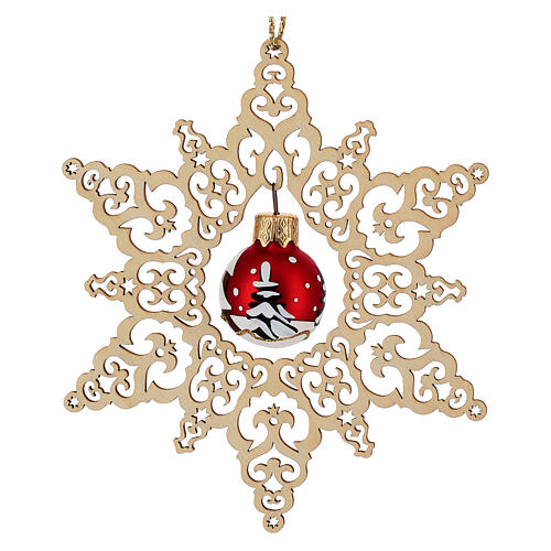 Estrela em madeira faia 14 cm enfeite natalino com bola vidro vermelho opaco Val Gardena 1