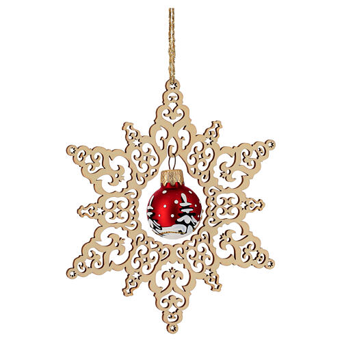 Estrela em madeira faia 14 cm enfeite natalino com bola vidro vermelho opaco Val Gardena 3