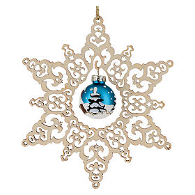 Weihnachtsdekoration durchbrochener Stern mit handbemalter Glaskugel, Blau, 14 cm – Grödnertal