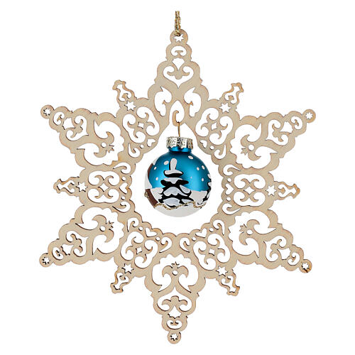 Adorno bola vidrio azul opaco con estrella de madera haya perforada 14 cm Val Gardena 1