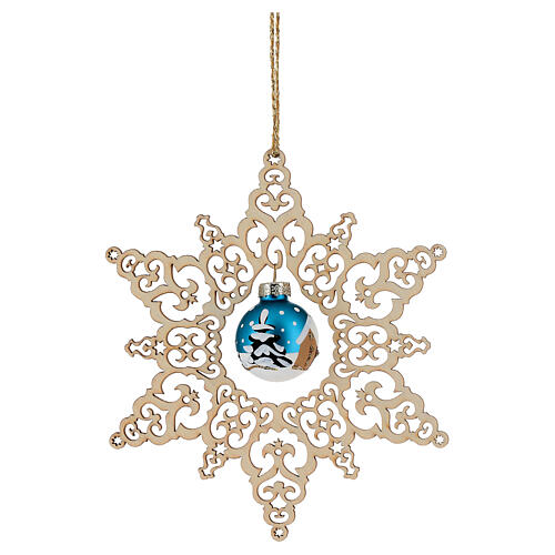 Addobbo pallina vetro azzurro opaco con stella traforata legno faggio 14 cm Val Gardena 3