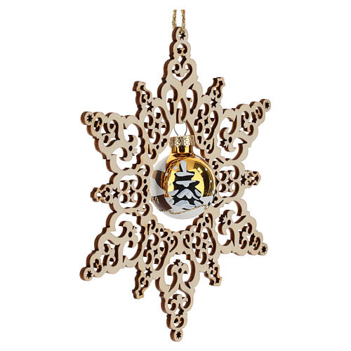 Weihnachtsdekoration durchbrochener Stern mit handbemalter Glaskugel, Gold, 14 cm – Grödnertal 2