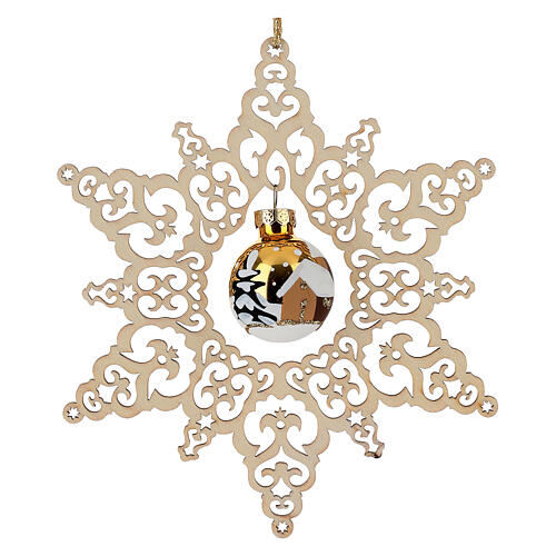 Stella legno di faggio 13 cm pallina vetro decoro paesaggio oro Val Gardena 1