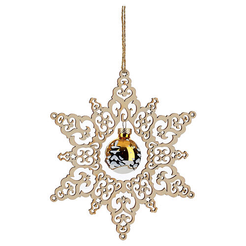 Star ornament 13 cm glass ball landscape gold Val Gardena beech wood 3