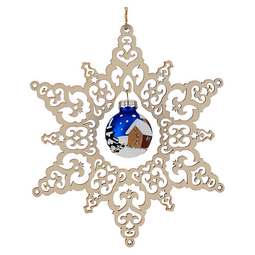Estrela bola de vidro azul noite árvore de Natal madeira faia 14 cm Val Gardena 1