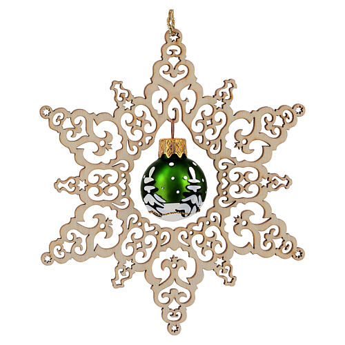 Adorno estrella madera haya árbol Navidad bola verde vidrio opaco 14 cm Val Gardena 1