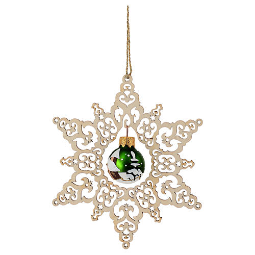 Enfeite estrela em madeira faia para árvore de Natal bola verde vidro opaco 14 cm Val Gardena 3