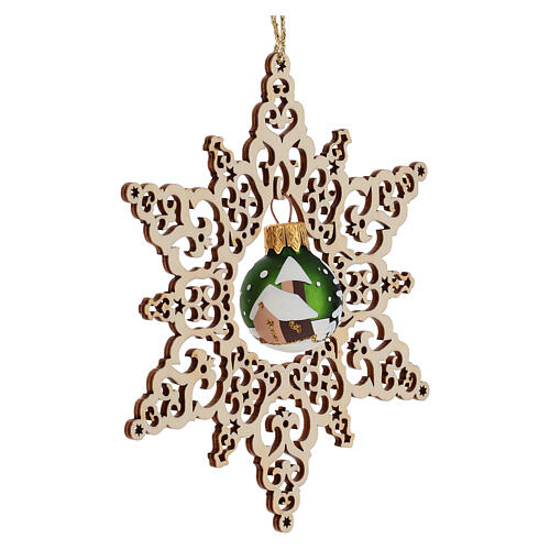 Wooden Christmas Tree Ornament Star Beech Green Matte Glass Ball 14 cm Val Gardena 2