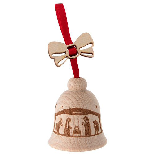Addobbo albero campanella 6 cm pattern natività legno faggio Val Gardena  1
