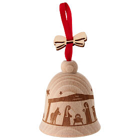 Christmas tree decoration: 3 in bell with Nativity Scene, Val Gardena beech wood