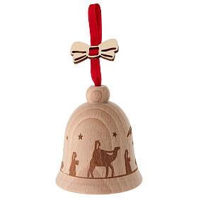 Christmas tree decoration: 3 in bell with Nativity Scene, Val Gardena beech wood