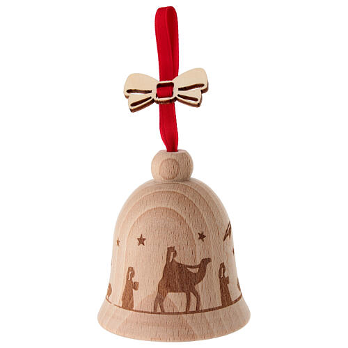 Addobbo albero campana 8 cm pattern natività legno faggio Val Gardena  2