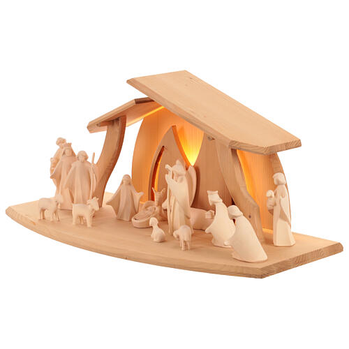 Complete Aram Nativity Scene with LED-lit Val Gardena wooden stable 30x30x60cm, 13 cm characters 3