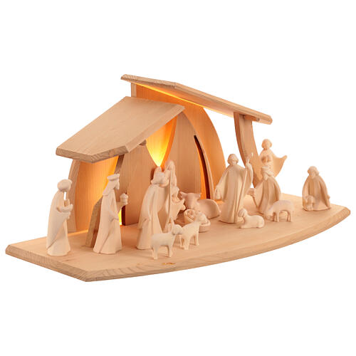 Complete Aram Nativity Scene with LED-lit Val Gardena wooden stable 30x30x60cm, 13 cm characters 6