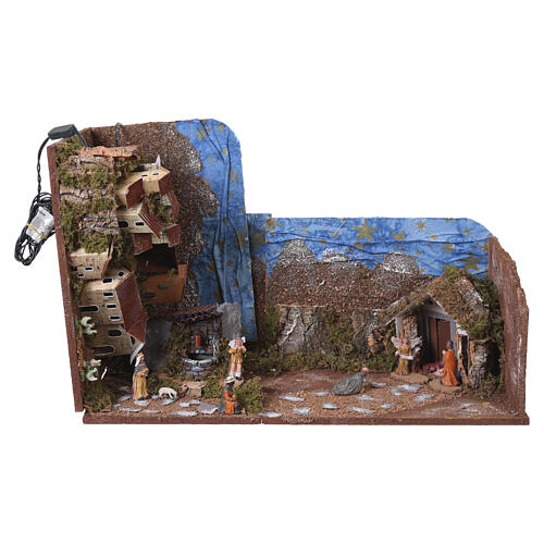 Book-style Nativity with village, lights and fountain, 20x90x25 cm, suitable for 6 cm Nativity 11