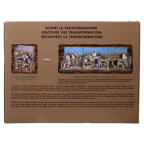 Book-style Nativity Scene with village, fountain and 20 LED lights, 40x140x40 cm, suitable for 10 cm Nativity Scene 6