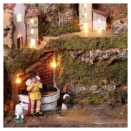 Crèche en livre avec bourg, fontaine et 20 lampes LED 40x140x40 cm pour santons de 10 cm 8