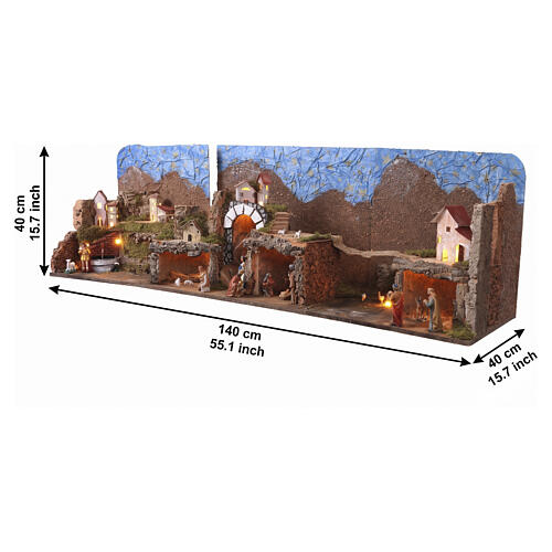 Presepe a libro con borgo fontana e 20 luci LED 40x140x40 cm per presepe da 10 cm 3