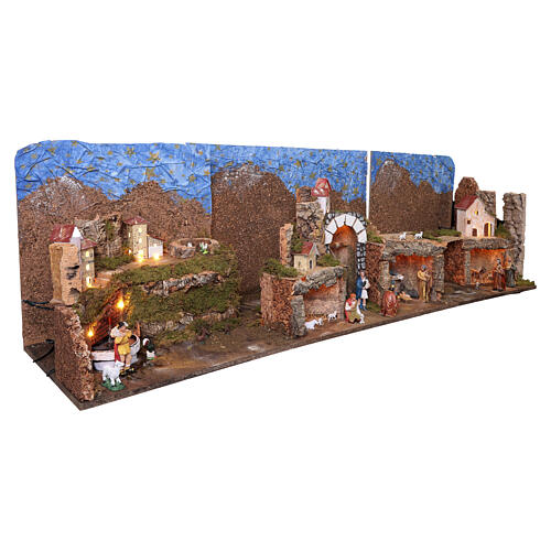 Presepe a libro con borgo fontana e 20 luci LED 40x140x40 cm per presepe da 10 cm 5