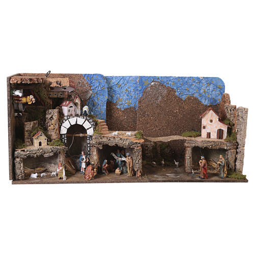 Presepe a libro con borgo fontana e 20 luci LED 40x140x40 cm per presepe da 10 cm 11