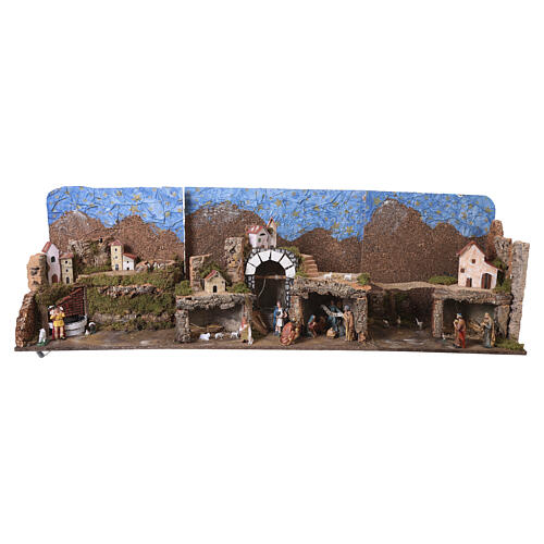 Szopka książkowa z miasteczkiem, fontanną i 20 lampkami LED, 40x140x40 cm, do figurek 10 cm 12