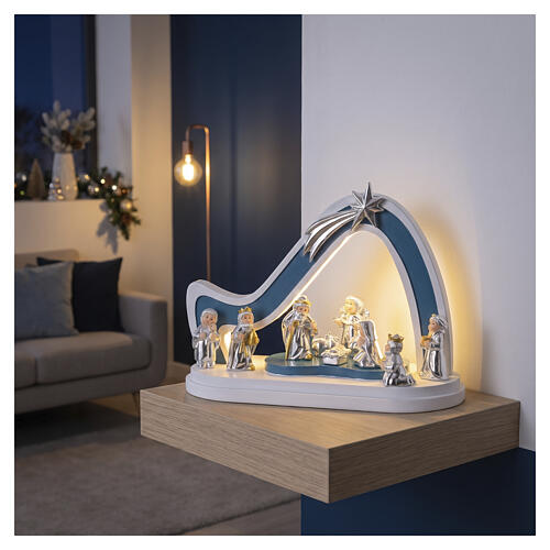 Complete Bagutta Nativity stable, teal and white, LED light, 8x10x5 in 2