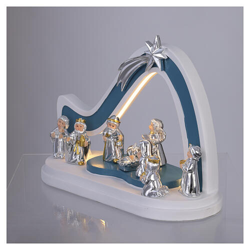 Complete Bagutta Nativity stable, teal and white, LED light, 8x10x5 in 4
