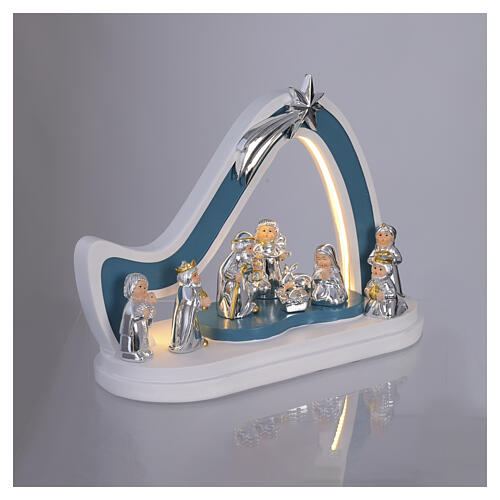 Complete Bagutta Nativity stable, teal and white, LED light, 8x10x5 in 6