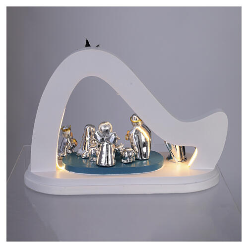 Complete Bagutta Nativity stable, teal and white, LED light, 8x10x5 in 8