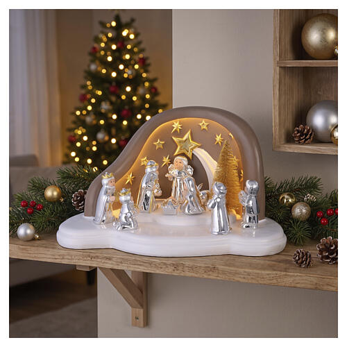 Presépio completo com cabana Bagutta em resina branca e cinza-acastanhado luz LED 15x25x15 cm 2