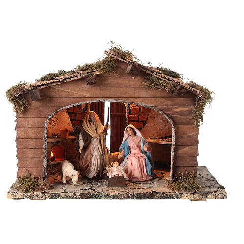 Stable with fireplace and Nativity for Neapolitan Nativity Scene with 14 cm characters 30x40x20 cm 1