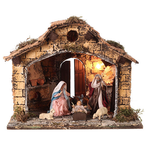 Stable with Nativity and fireplace for Neapolitan Nativity Scene with 12 cm characters 30x30x25 cm 1