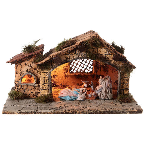 Stable with Nativity and woodstove for Neapolitan Nativity Scene with 8 cm characters 22x35x25 cm 1