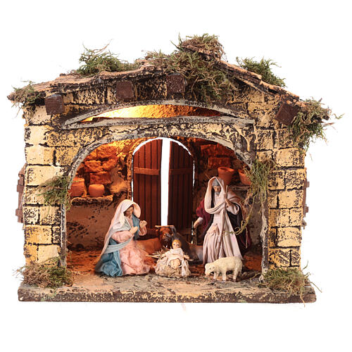 Illuminated stable with Nativity 25x30x20 cm for Neapolitan Nativity Scene with 10 cm characters 1