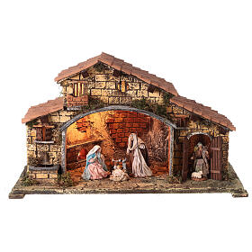 Stable with Nativity, woodstove and fountain 65x60x25 cm for Neapolitan Nativity Scene with 12 cm characters