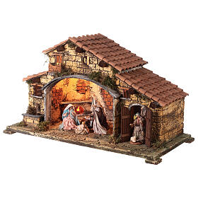 Stable with Nativity, woodstove and fountain 65x60x25 cm for Neapolitan Nativity Scene with 12 cm characters