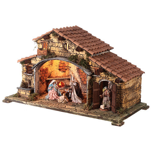 Stable with Nativity, woodstove and fountain 65x60x25 cm for Neapolitan Nativity Scene with 12 cm characters 2