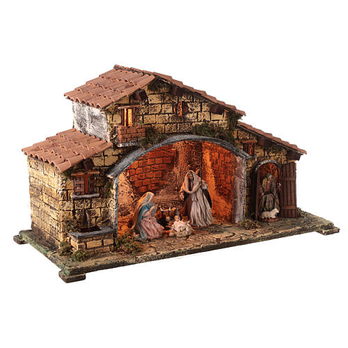 Stable with Nativity, woodstove and fountain 65x60x25 cm for Neapolitan Nativity Scene with 12 cm characters 3