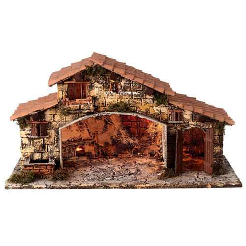Stable with Nativity, woodstove and fountain 65x60x25 cm for Neapolitan Nativity Scene with 12 cm characters 4