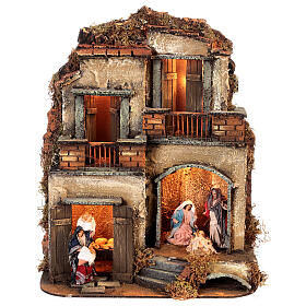 Maison à deux étages avec Nativité et boulangerie 25x25x30 cm crèche napolitaine 8 cm