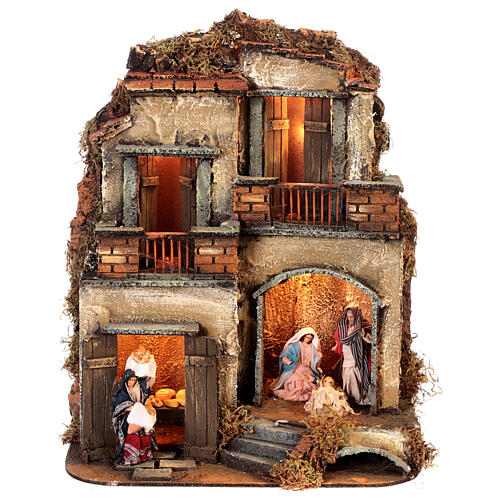 Maison à deux étages avec Nativité et boulangerie 25x25x30 cm crèche napolitaine 8 cm 1