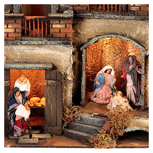Maison à deux étages avec Nativité et boulangerie 25x25x30 cm crèche napolitaine 8 cm 2