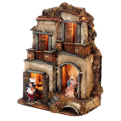 Maison à deux étages avec Nativité et boulangerie 25x25x30 cm crèche napolitaine 8 cm 3