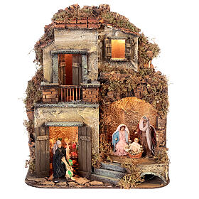 Maison à deux étages avec Nativité et étal fruits et légumes 25x30x25 cm crèche napolitaine 8 cm