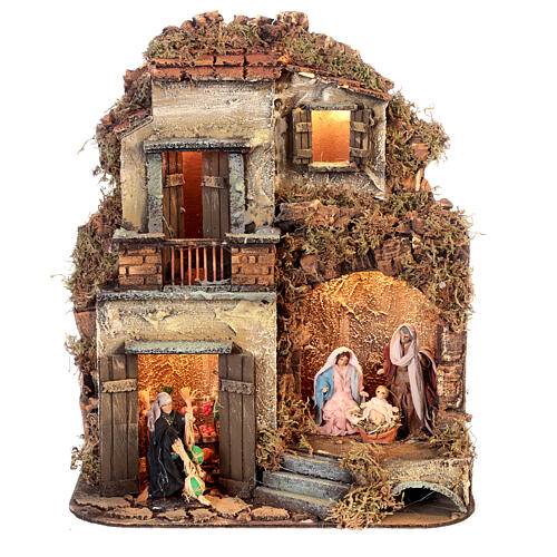 Maison à deux étages avec Nativité et étal fruits et légumes 25x30x25 cm crèche napolitaine 8 cm 1