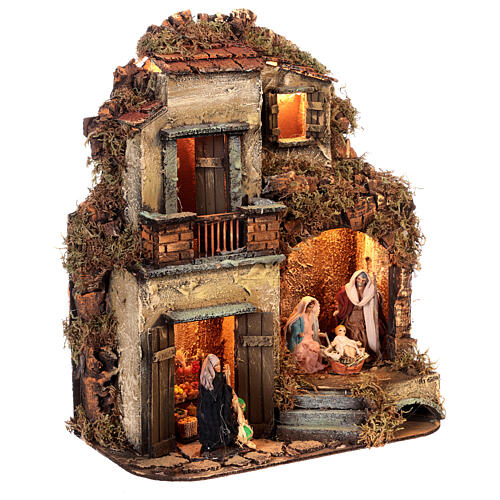 Maison à deux étages avec Nativité et étal fruits et légumes 25x30x25 cm crèche napolitaine 8 cm 4